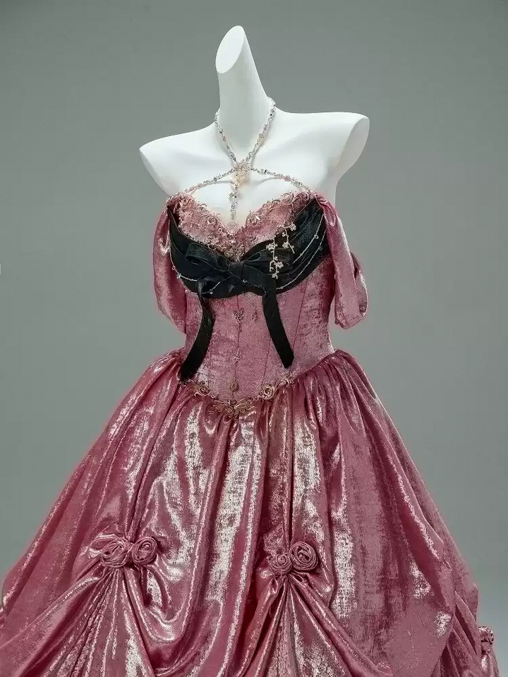 Prom Dress Pink Ball Gown with Draped Skirt – Pink Tulle Ball Gown with Black Velvet Bow and Corset Bodice Plus Size