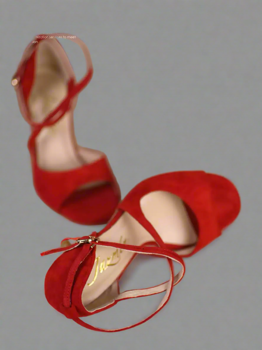 Handmade Tango Cowhide Leather Latin Dance Shoes in Red Suede with Gold High Heels