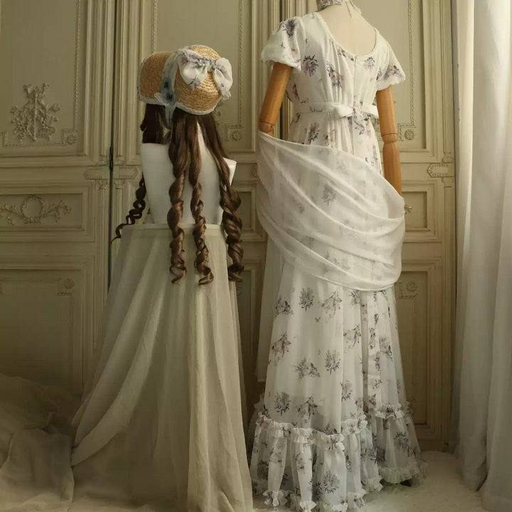 Floral Regency Era Dress in White Chiffon – Empire Waist Regency Gown with Puff Sleeves Plus Size