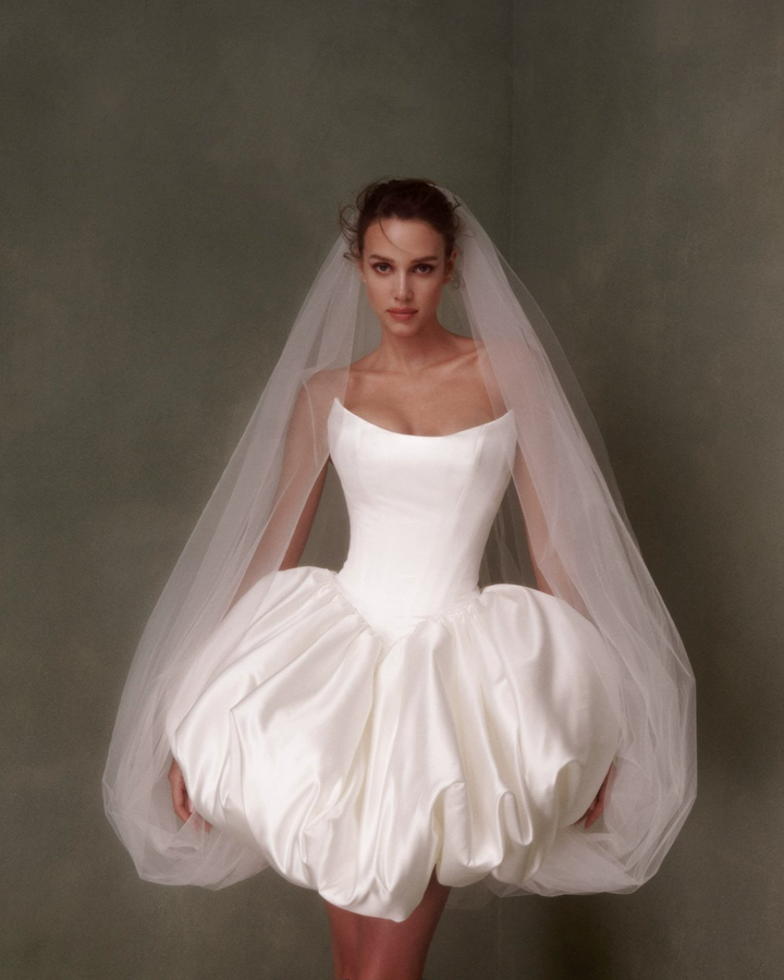 Short Satin Wedding Dress with Dramatic Bubble Skirt – Bubble Hem Dress with Strapless   - Strapless Wedding Dress Plus Size