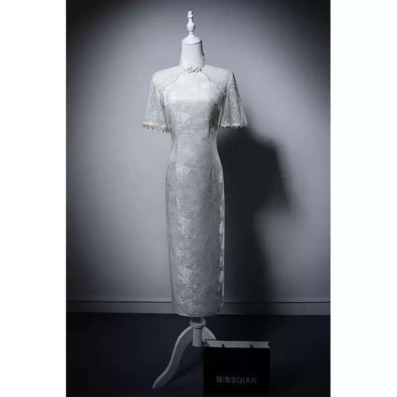 green emerald velvet dress Plus Size Navy Blue Qipao Dress  New Chinese Style Short-Sleeve Cheo Fuguang Brocade / L