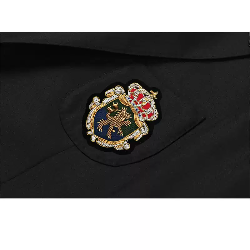 Black Wool Blazer with Gold Crest Patch and Two Button Closure – Single Breasted Blazer for Men Plus Size