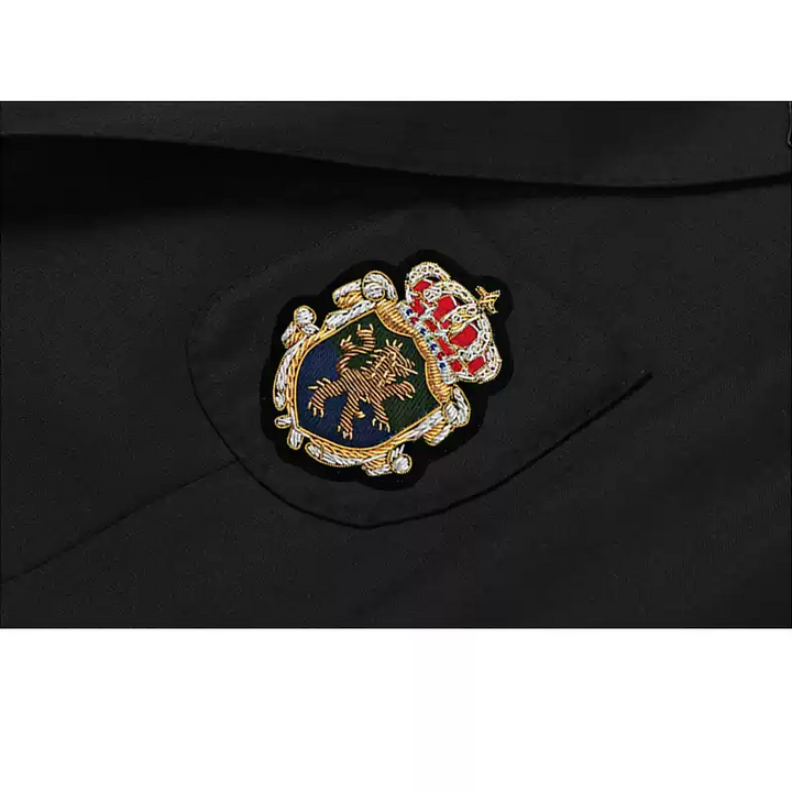 Black Wool Blazer with Gold Crest Patch and Two Button Closure – Single Breasted Blazer for Men Plus Size