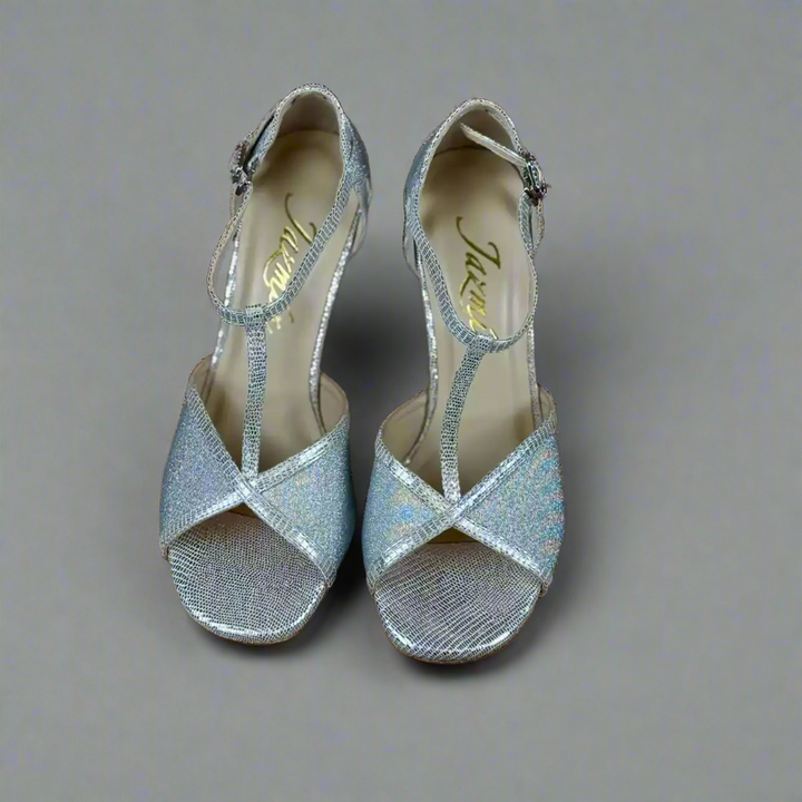 Handmade Tango Lambskin Leather Silver Latin Dance Shoes with T-Strap Design – Glitter Leather Ballroom and Latin Dance Shoes