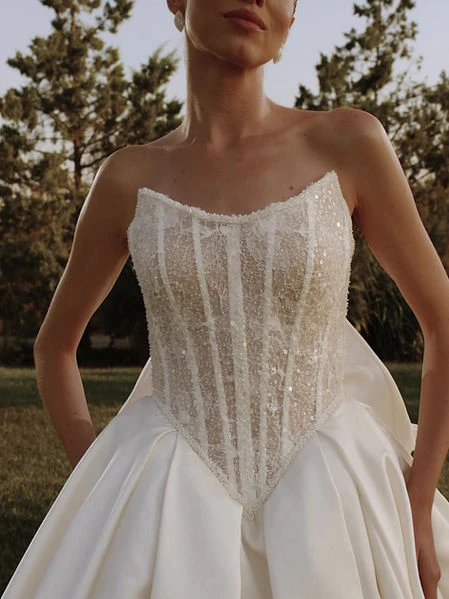 Strapless Wedding Gown with Bow and Lace – Embroidered Dresses for Wedding - A-Lin Wedding Dress Plus Size - Selena