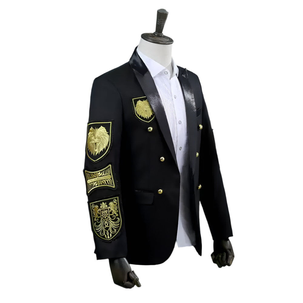 Black Military Style Mens Blazer – Double Breasted Suit Jacket with Gold Crest Embroidery Plus Size
