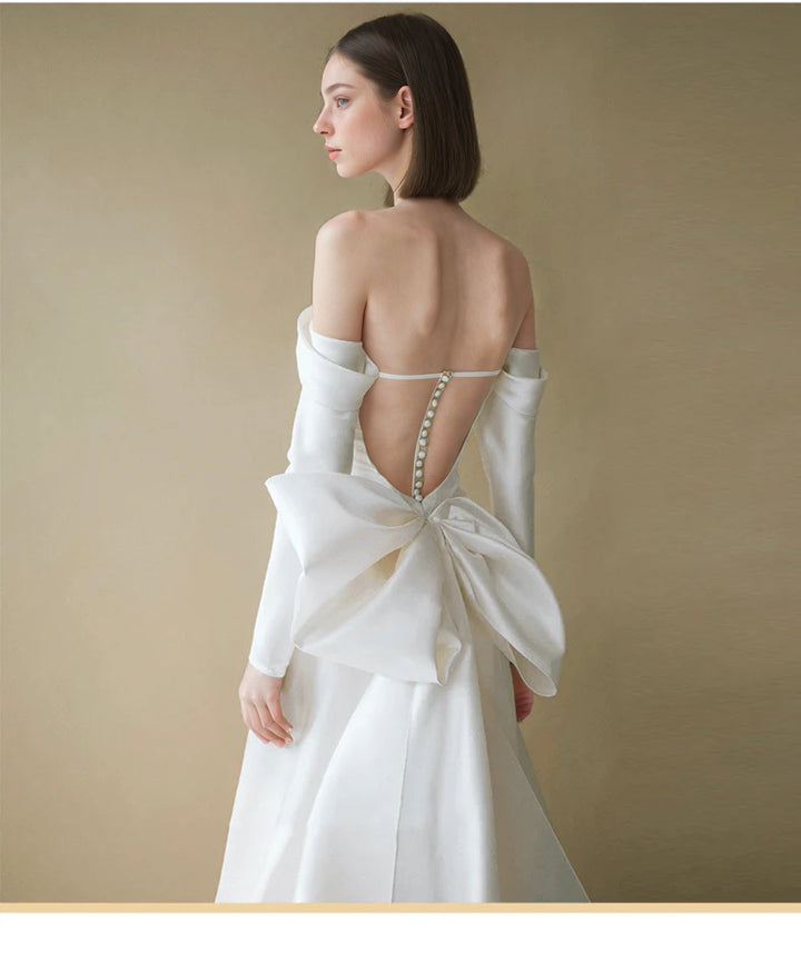 Boho Style Off Shoulder Satin Backless Wedding Dress With Long Sleeves -Simple Bridal Dress  Plus Size
