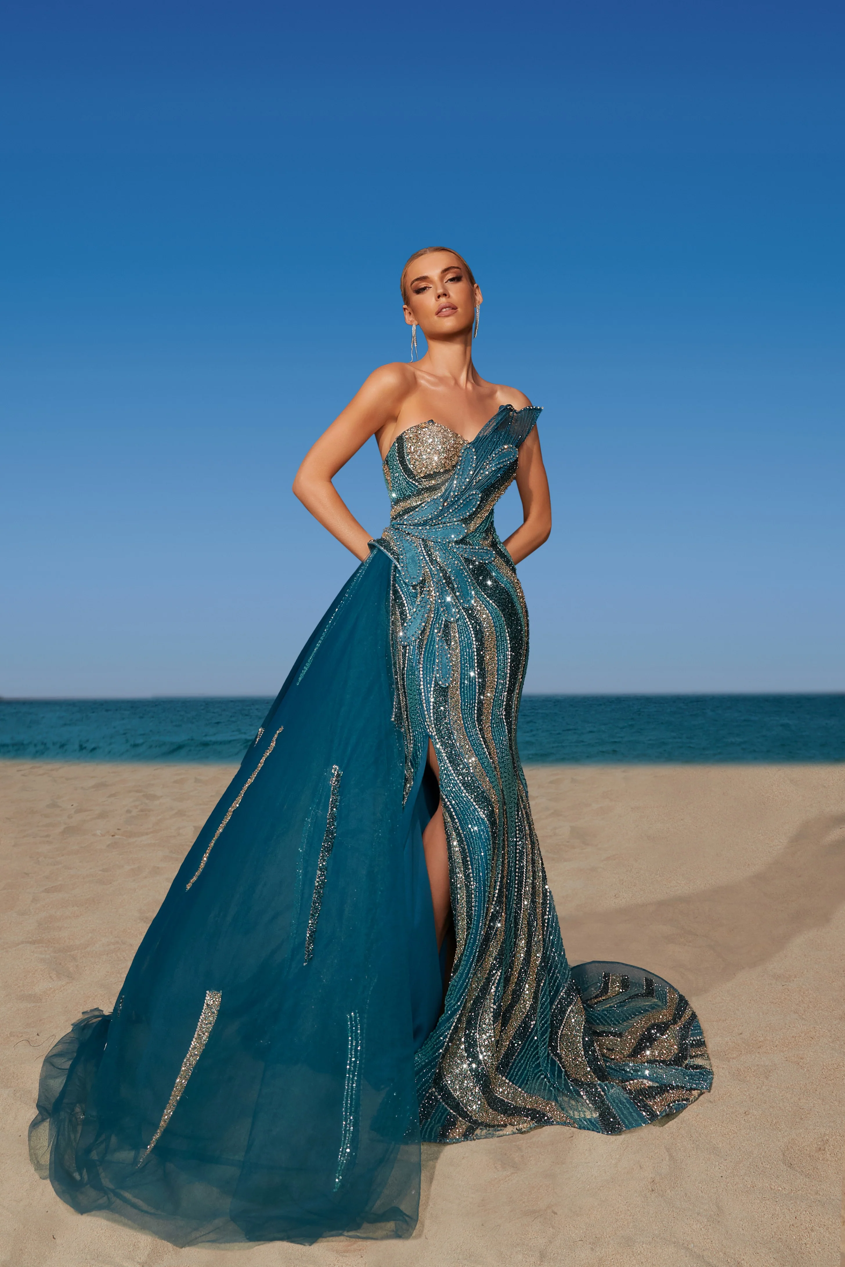 slim fit dress slacks Adrianna Papell One Shoulder Jacquard Mermaid Gown with Drape Detail main image 0