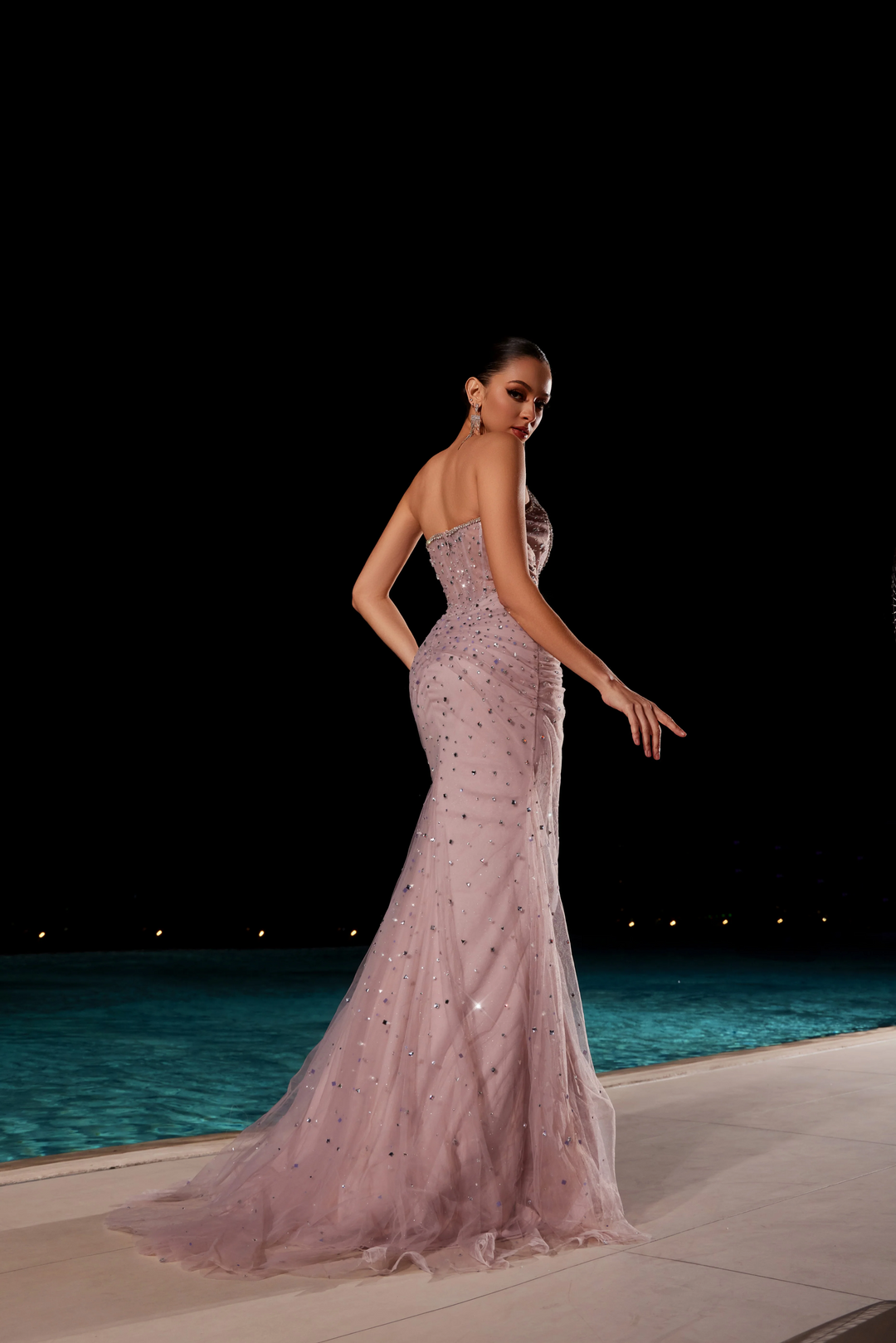 White Strapless Glitter Dress with High Slit - Embellished Gown with Beaded Detailing – Pink Sequin Dress Plus Size