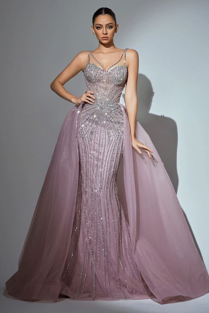 Pink Sequin Evening Gown with Beaded Corset – Sparkly Maxi Dress with High Slit and Tulle Skirt Plus Size