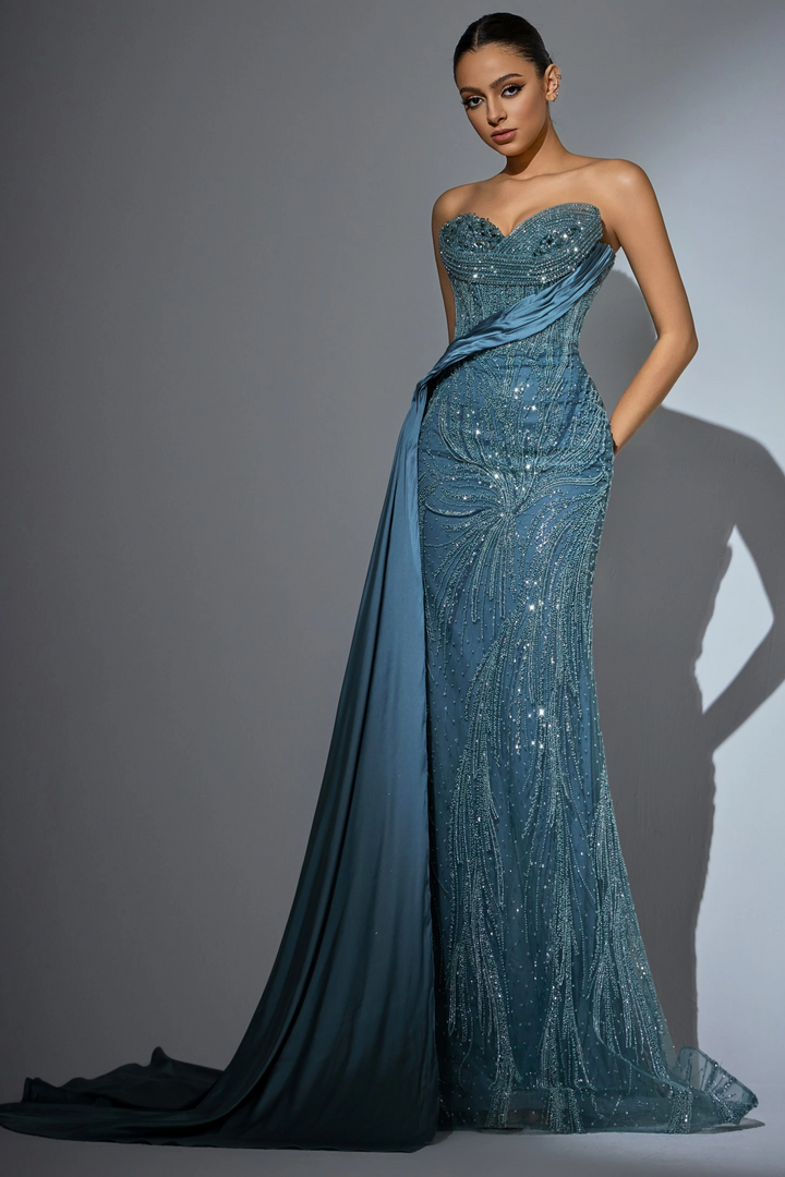 Teal Blue Sequin Evening Dress - Pretty Sequin Dress with High Slit and Beaded Detailing – Designer Sequin Gown with Satin Train Plus Size