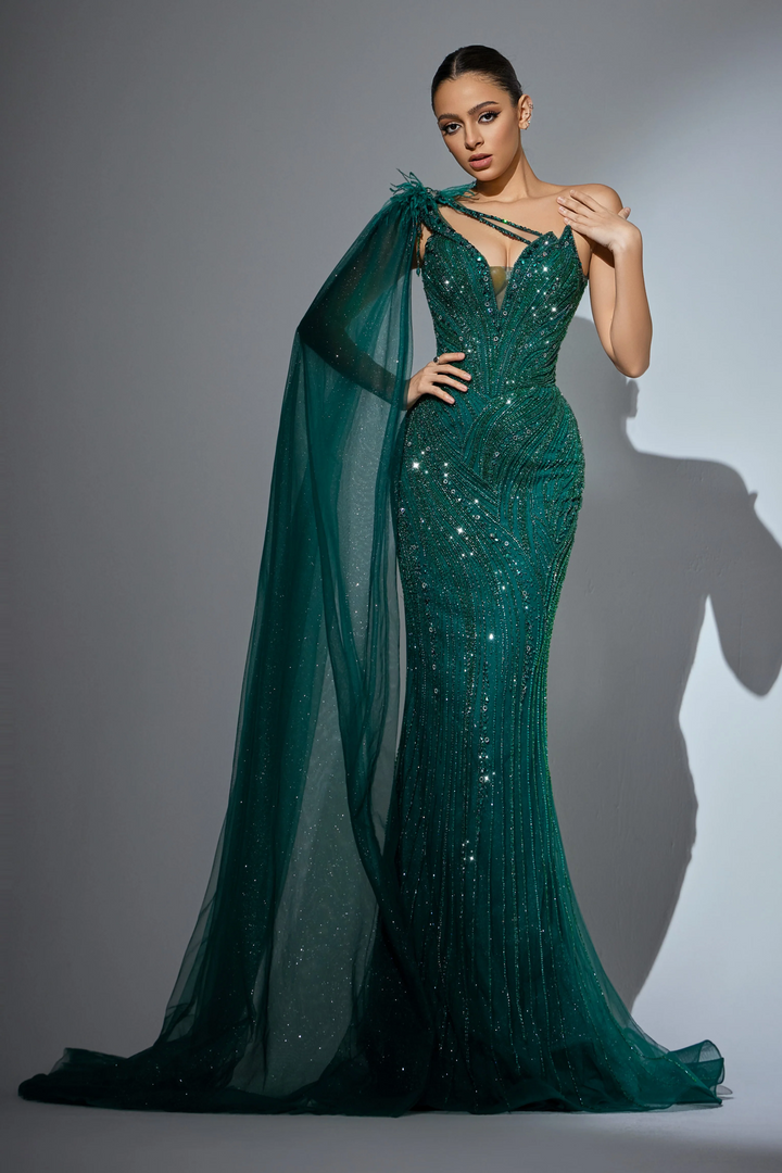 Champagne Embellished Gown with One Shoulder Feather Detail – Sequin and Feather Dress Plus Size