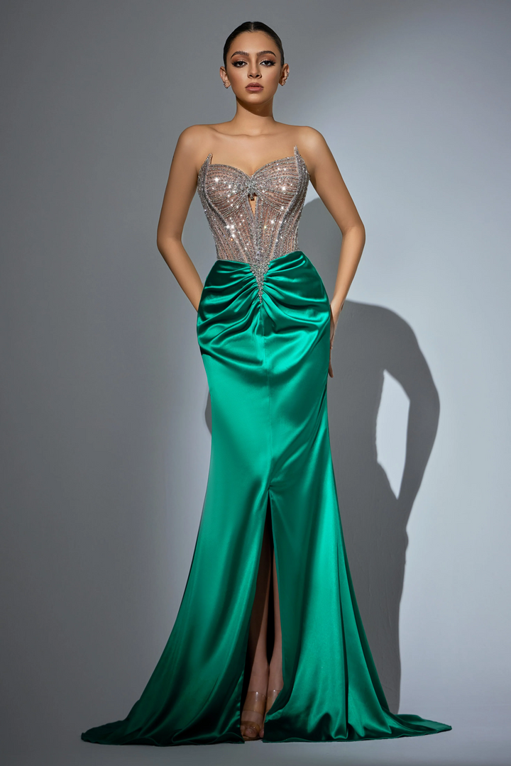 Red Sequin Evening Gown with Beaded Corset Top – Designer Sequin Gown with High Slit and Satin Train Plus Size
