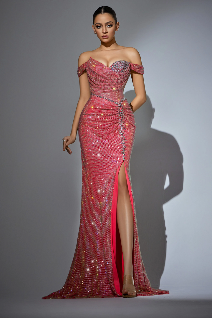 Red Sequins Evening Gown with Off Shoulder Sweetheart Neckline - Red Sequin Dress with High Slit Plus Size
