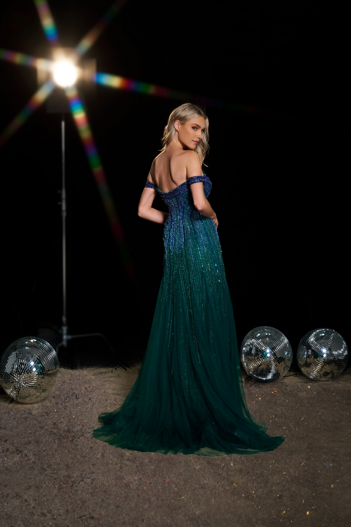 Gothic Emeral Green and Blue Sequin Ball Gown - Off the Shoulder Designer Sequin Gown - Pretty Sparkly Maxi Dress Plus Size
