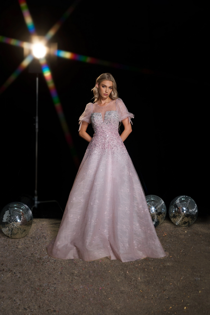 Blush Pink Sequin Ball Gown with Puff Sleeves - Embellished Gown with Sweetheart Neckline - Sparkly Pink Sequin Dress Plus Size