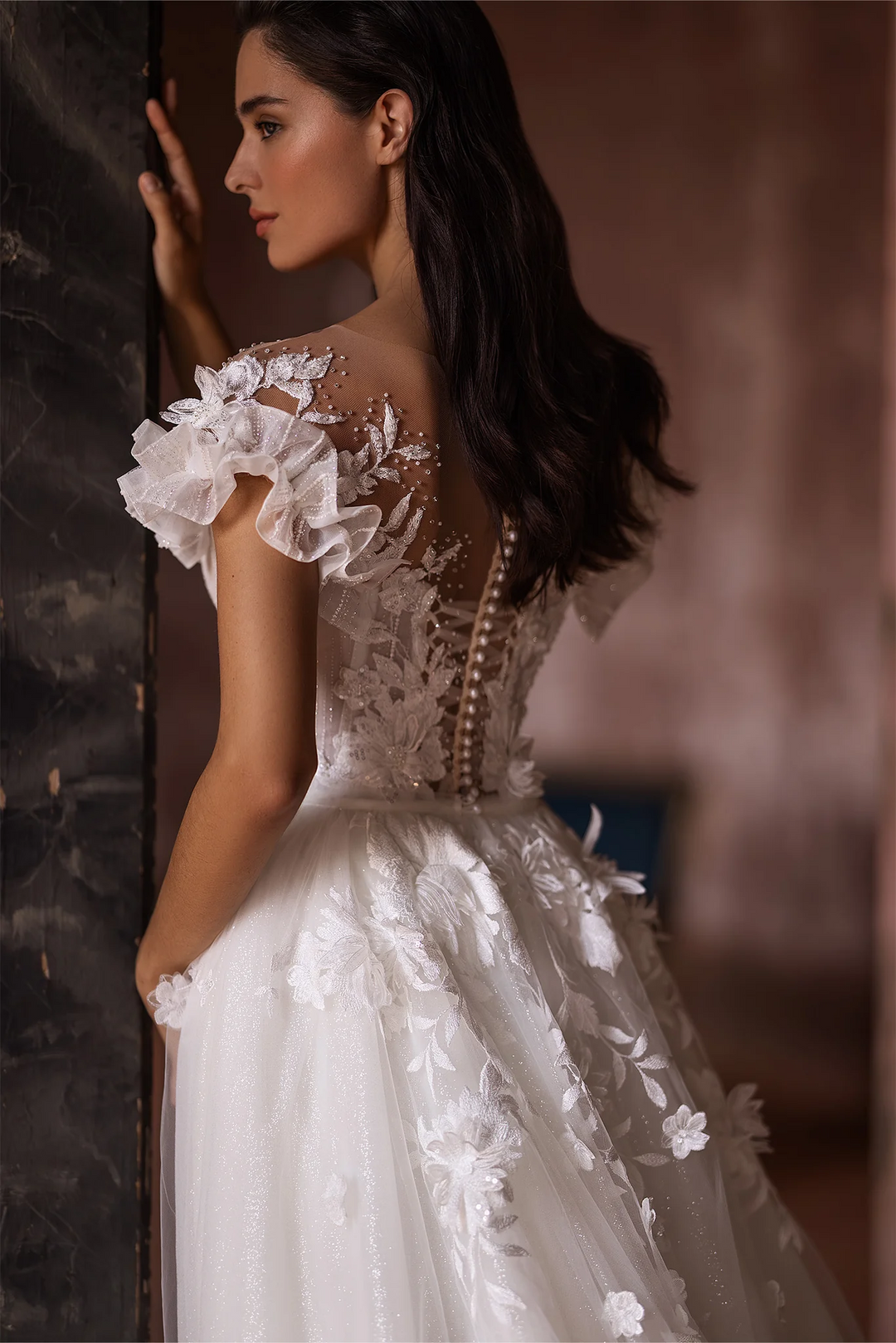 Ivory Lace Floral Wedding Dress with Puffed Sleeves and Convertible Train –  Tulle Mermaid Wedding Gown with Flower Embellishments Plus Size