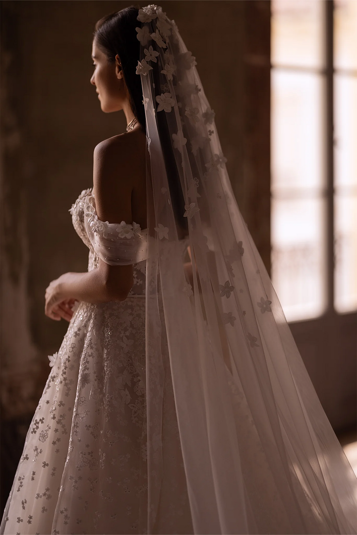 Ivory Lace A-Line Wedding Dress with Off-the-Shoulder Sleeves – Sweetheart Neckline Wedding Dresses with Floral Motifs and Sheer Train Plus Size