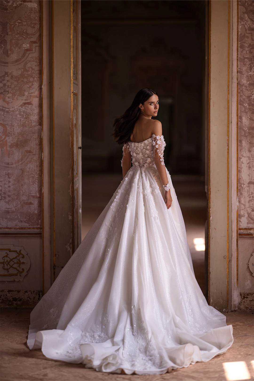 Ivory Floral A-Line Wedding Dress with Low-Cut Neckline – Off-Shoulder Wedding Dress with Pearly Sequins and Floral Motif Plus Size