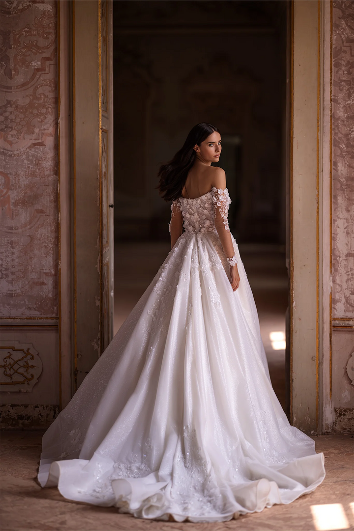 Ivory Floral A-Line Wedding Dress with Low-Cut Neckline – Off-Shoulder Wedding Dress with Pearly Sequins and Floral Motif Plus Size