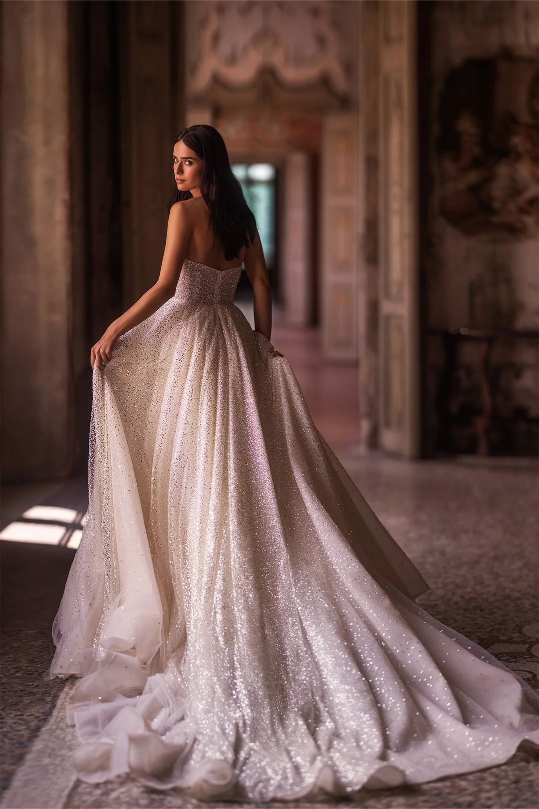 Ivory Lace A-Line Wedding Dress with Convertible Off-the-Shoulder Sleeves – Strapless Wedding Dress with Sequin and Long Train Plus Size