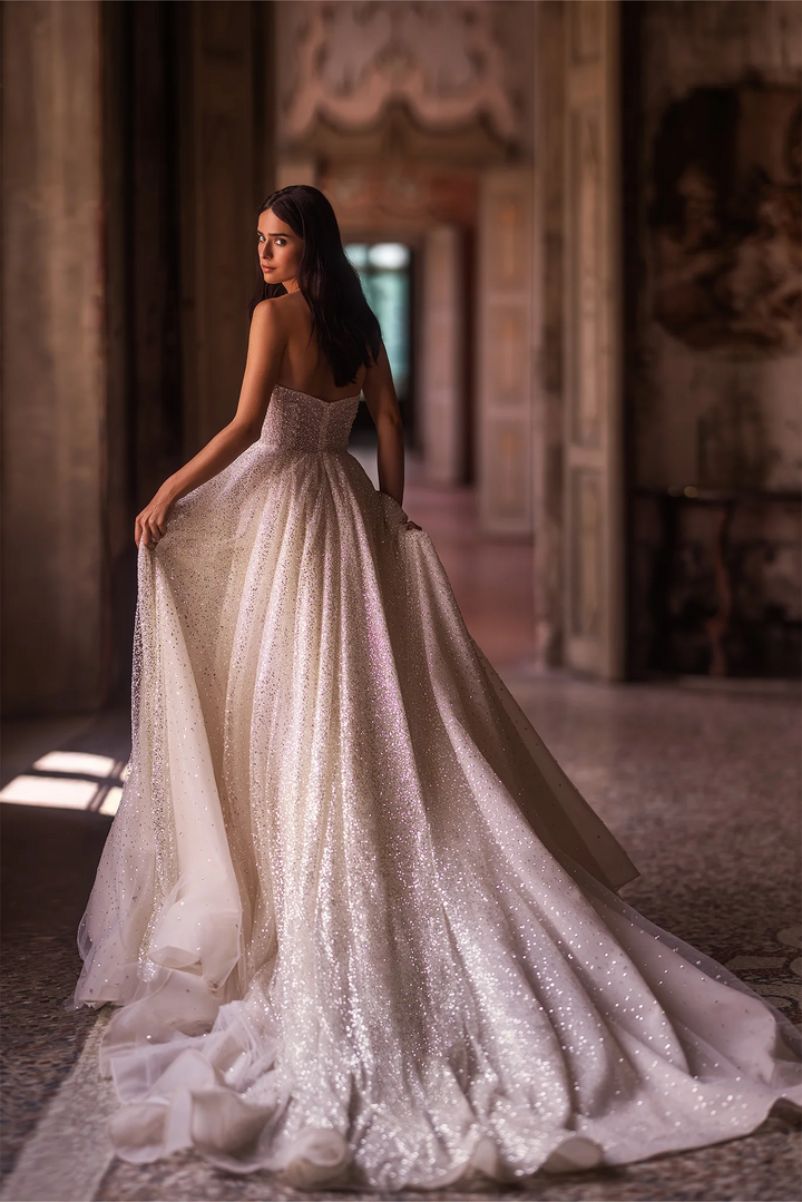 Ivory Lace A-Line Wedding Dress with Convertible Off-the-Shoulder Sleeves – Strapless Wedding Dress with Sequin and Long Train Plus Size