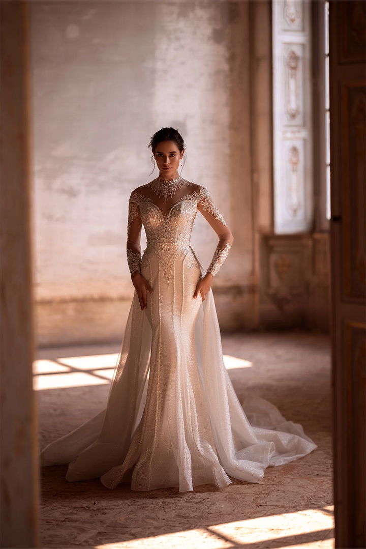 Ivory Sparkly Ball Gown Wedding Dress with Long Sleeves and Convertible Train - Embellished Mermaid Gown with Motif Details Plus Size