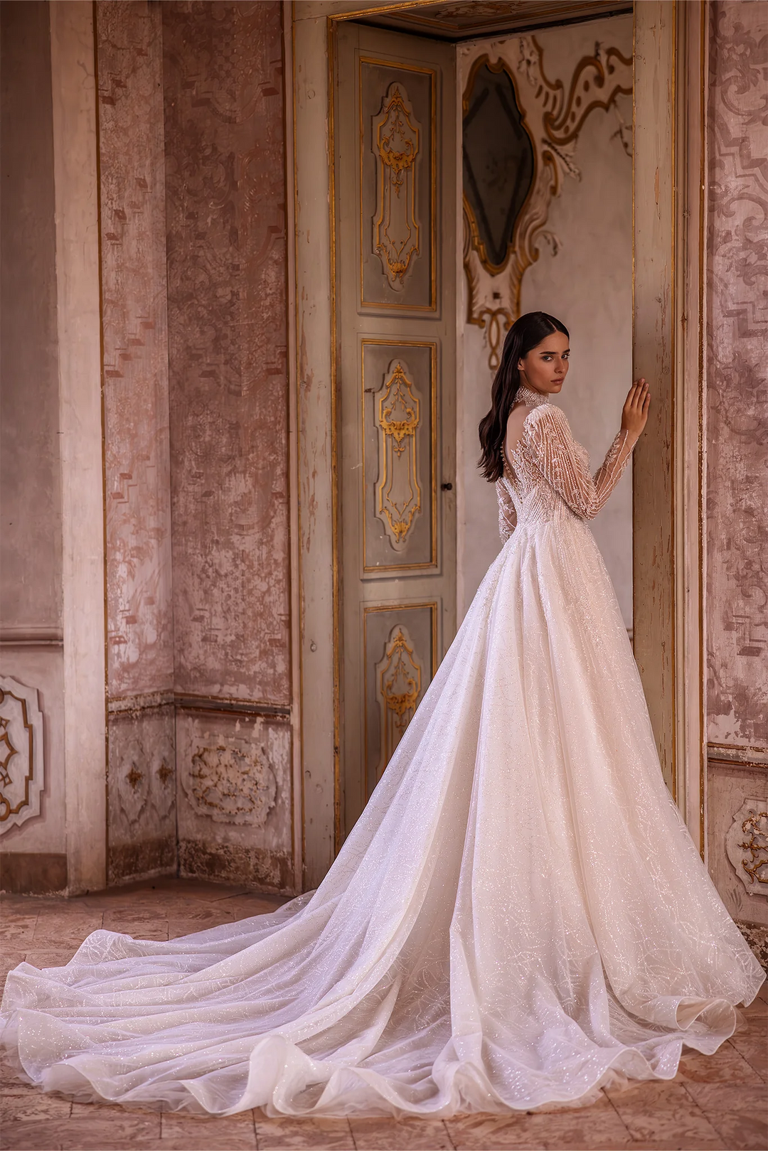 Ivory Long Sleeves Wedding Dress - Sparkly Ball Gown Wedding Dress with Jeweled Illusion Back – Embellished Gown with A-Line and Feminine Accents Plus Size