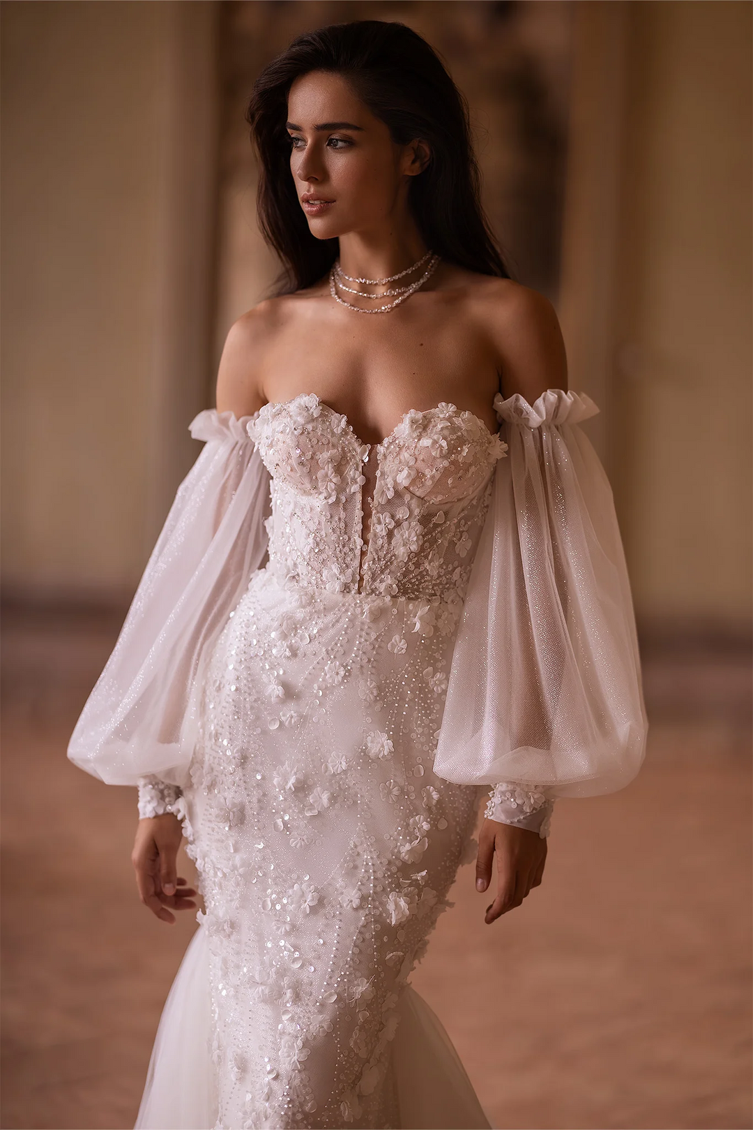 Ivory Tulle Mermaid Wedding Dress with Sheer Flower Patches and Convertible Puff Sleeves – Strapless Wedding Gown with Sheer Train Plus Size