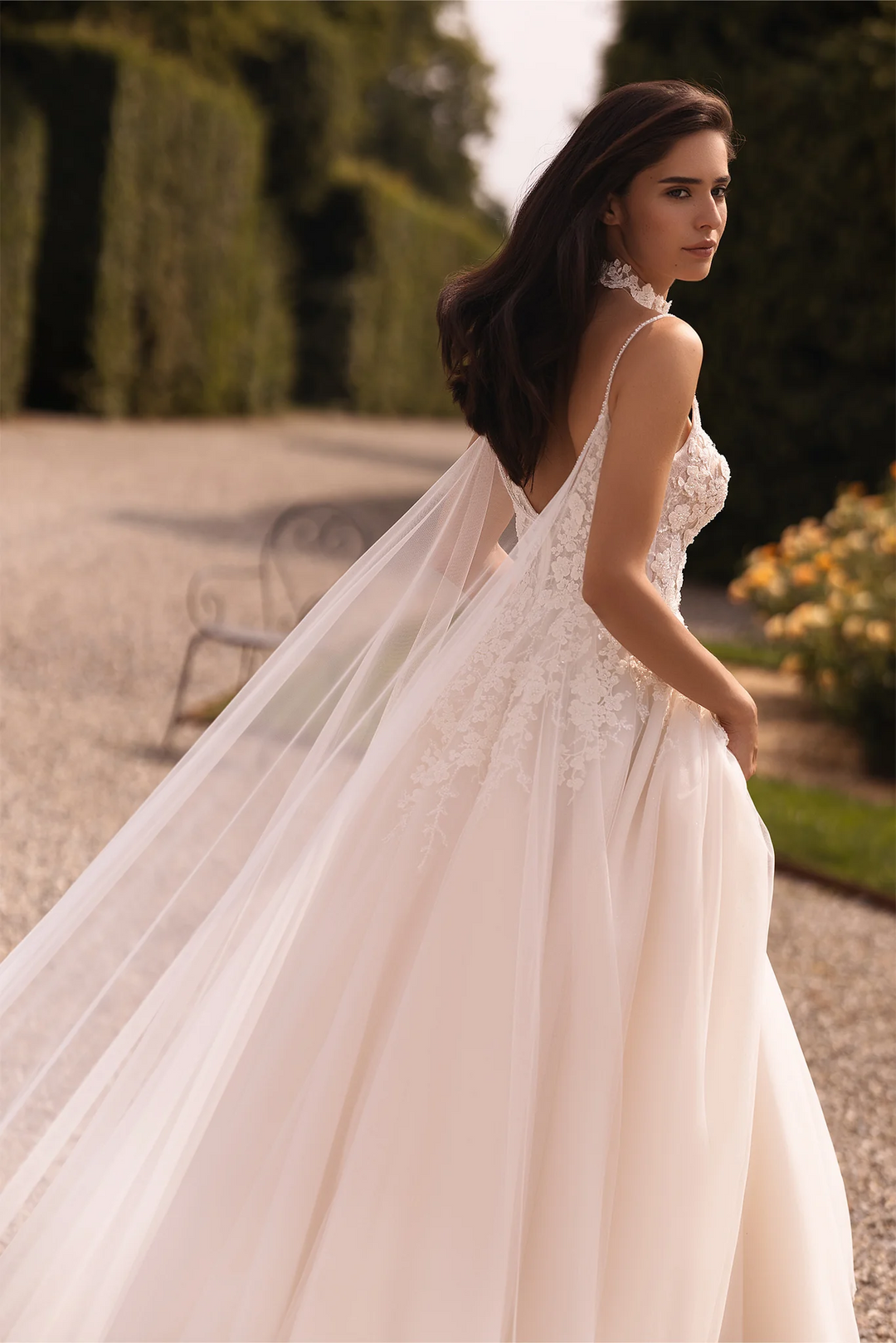 Ivory A-Line Wedding Dress with Floral Guipure Bodice and Sheer Skirt – Spaghetti Strap Wedding Gown with Flowing Veil Plus Size