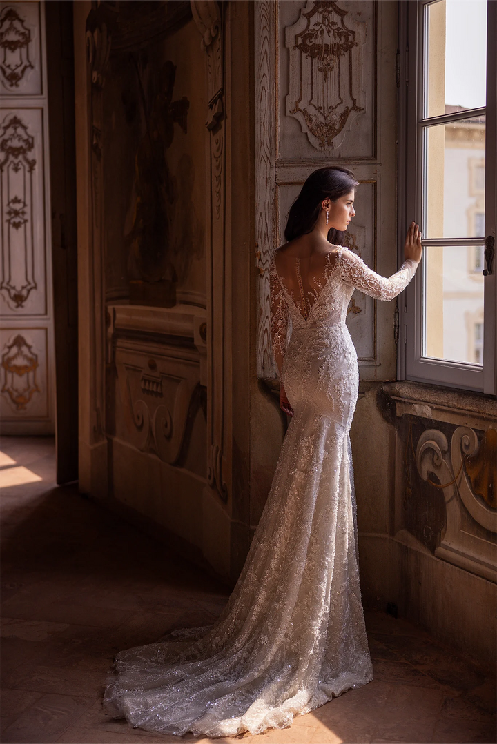 Ivory Tulle Mermaid Wedding Dress with V-Neck and Long Sleeves – Embellished Wedding Gown with Jeweled Details and Train Plus Size