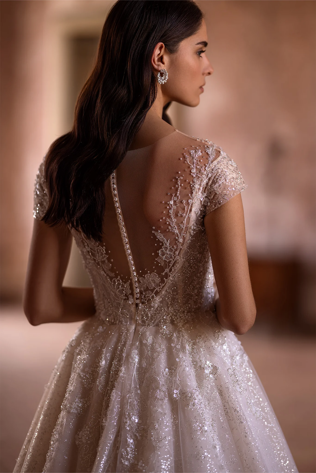 Ivory Sparkly Ball Gown Wedding Dress with Embellishments – Off-Shoulder Wedding Gown with Illusion Back and Jeweled Sleeves Plus Size