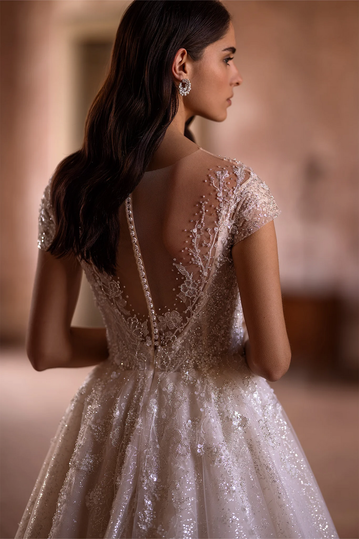 Ivory Sparkly Ball Gown Wedding Dress with Embellishments – Off-Shoulder Wedding Gown with Illusion Back and Jeweled Sleeves Plus Size