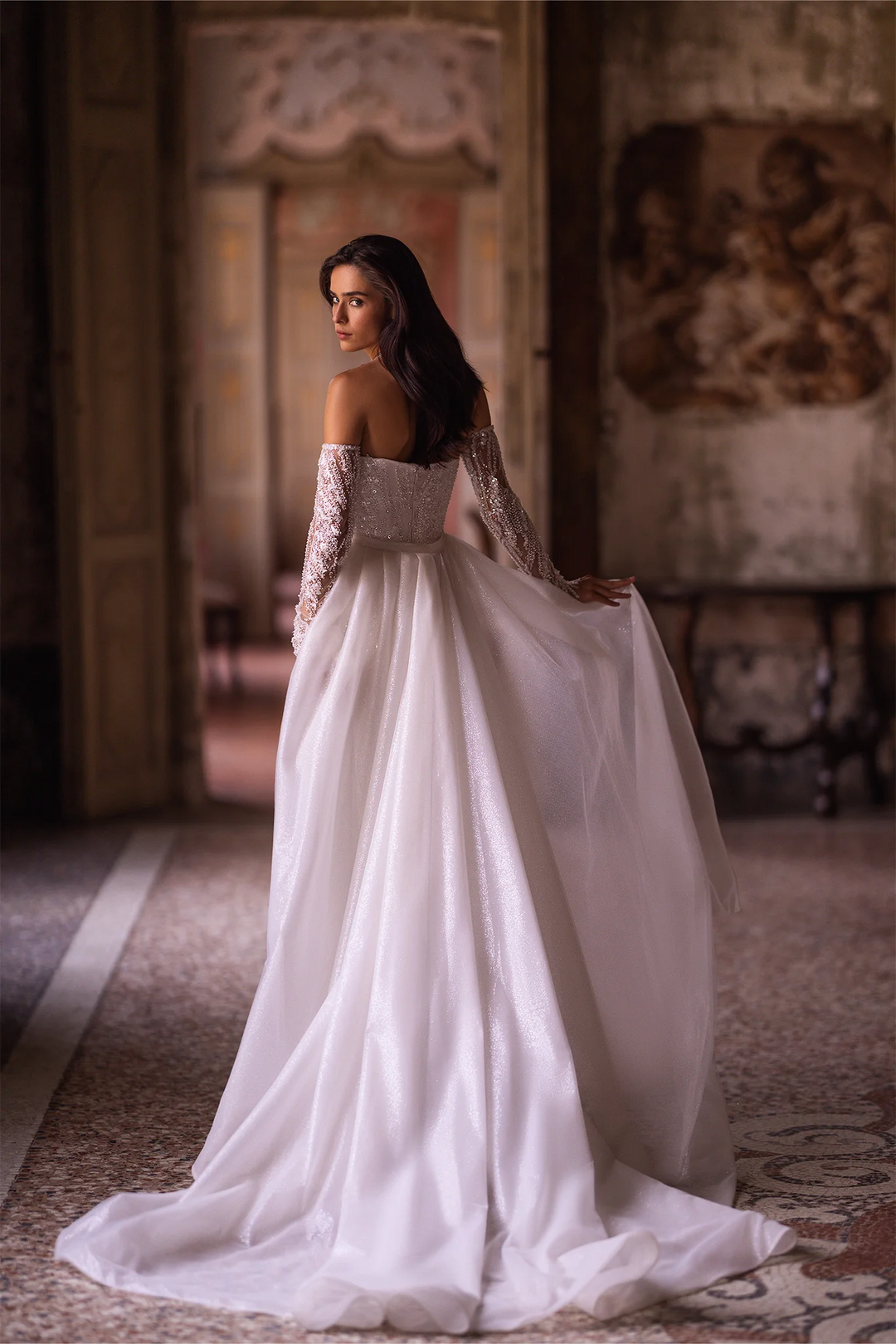 Ivory Tulle Mermaid Wedding Dress with Sparkling Embellishments – Off-Shoulder Wedding Gown with Sheer Train and Detachable Sleeves Plus Size