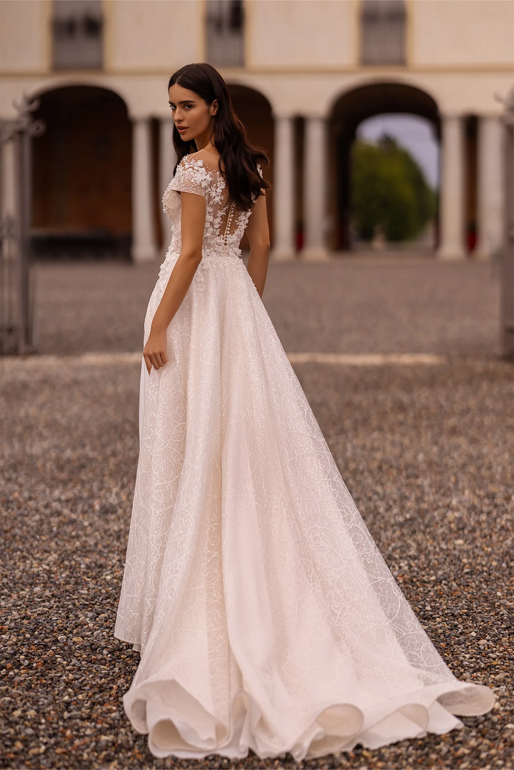 Ivory Lace A-Line Wedding Dress with Thigh Slit and V-Neck – Floral Wedding Dress with Off-Shoulder Plus Size