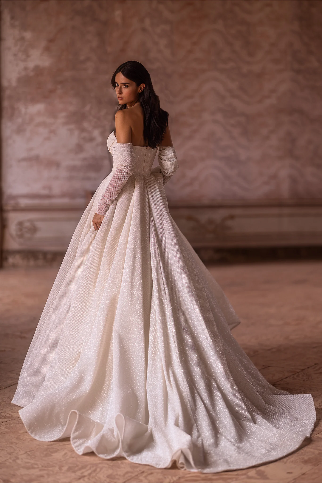 Ivory Sequin Wedding Dress with Off-the-Shoulder Sleeves – Sheer Sleeve Wedding Gown with Flowing Train Plus Size