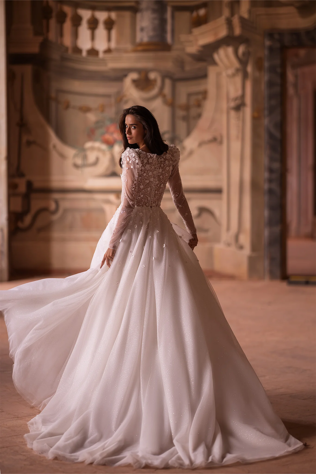 Ivory Lace A-Line Wedding Dress with Floral Embellishments – Long Sleeves Wedding Gown with Delicate Floral Detailing Plus Size
