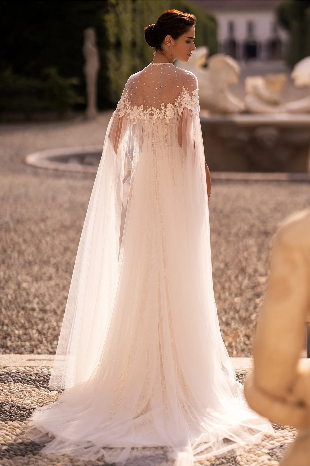 Ivory Tulle Mermaid Wedding Dress with Floral Lace Cape – Sparkly Mermaid Wedding Gown with Fitted Bodice Plus Size
