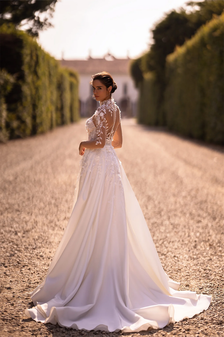 Ivory Satin Wedding Dress with Thigh Slit and V-Neck – Floral Embroidered Wedding Gown with Floral Long Sleeves Plus Size