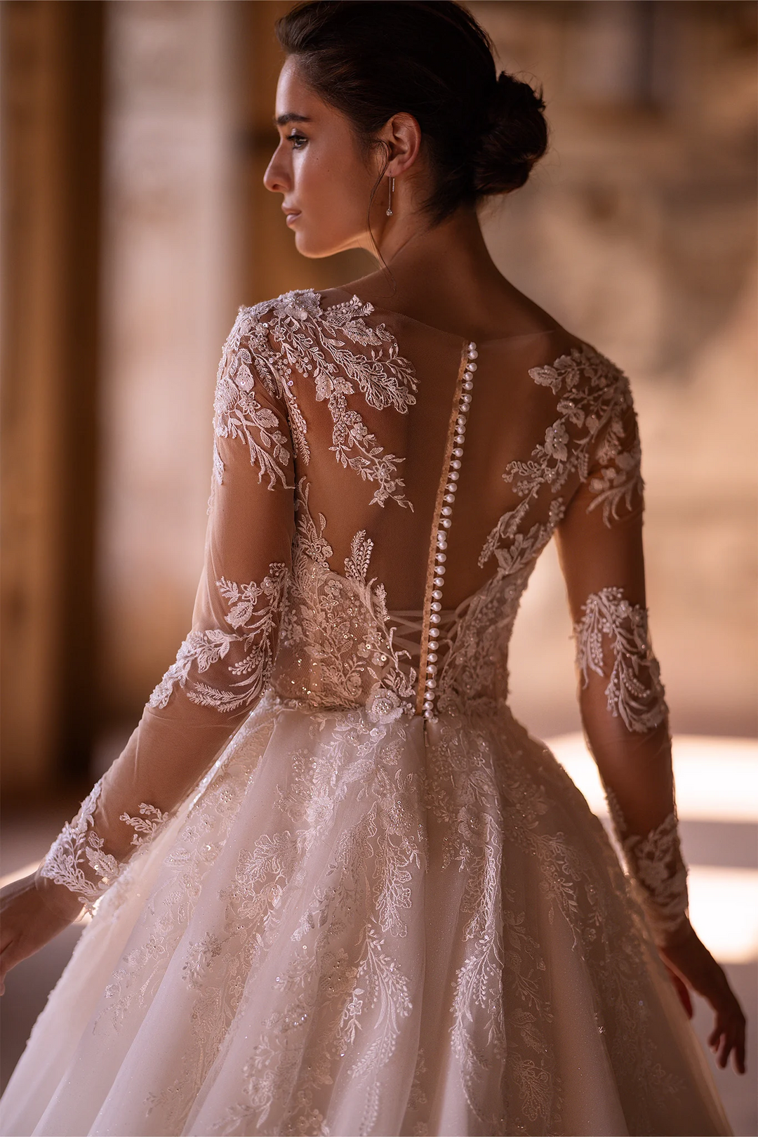 Ivory Long Sleeves Wedding Dress with V-Neck – Floral Wedding Dress with Flowing A-Line Skirt Plus Size