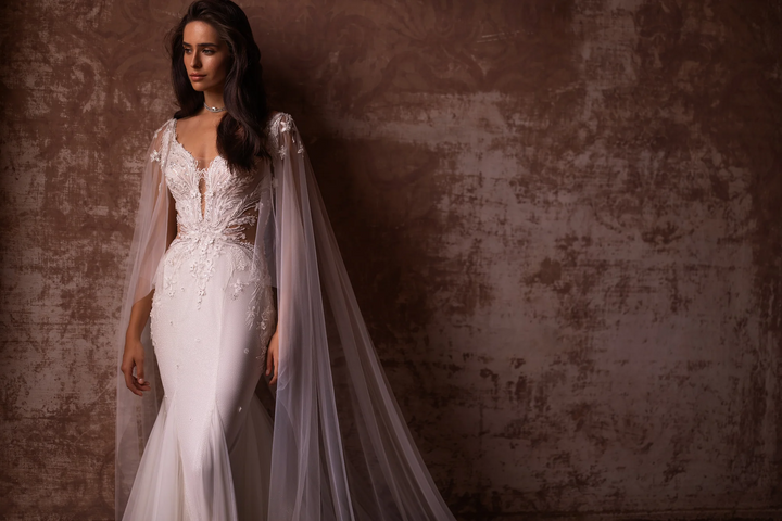Ivory Tulle Mermaid Wedding Dress with Lace and Sheer Train – V-Neck Wedding Gown with Floral Lace Bodice and Sheer Veil Plus Size