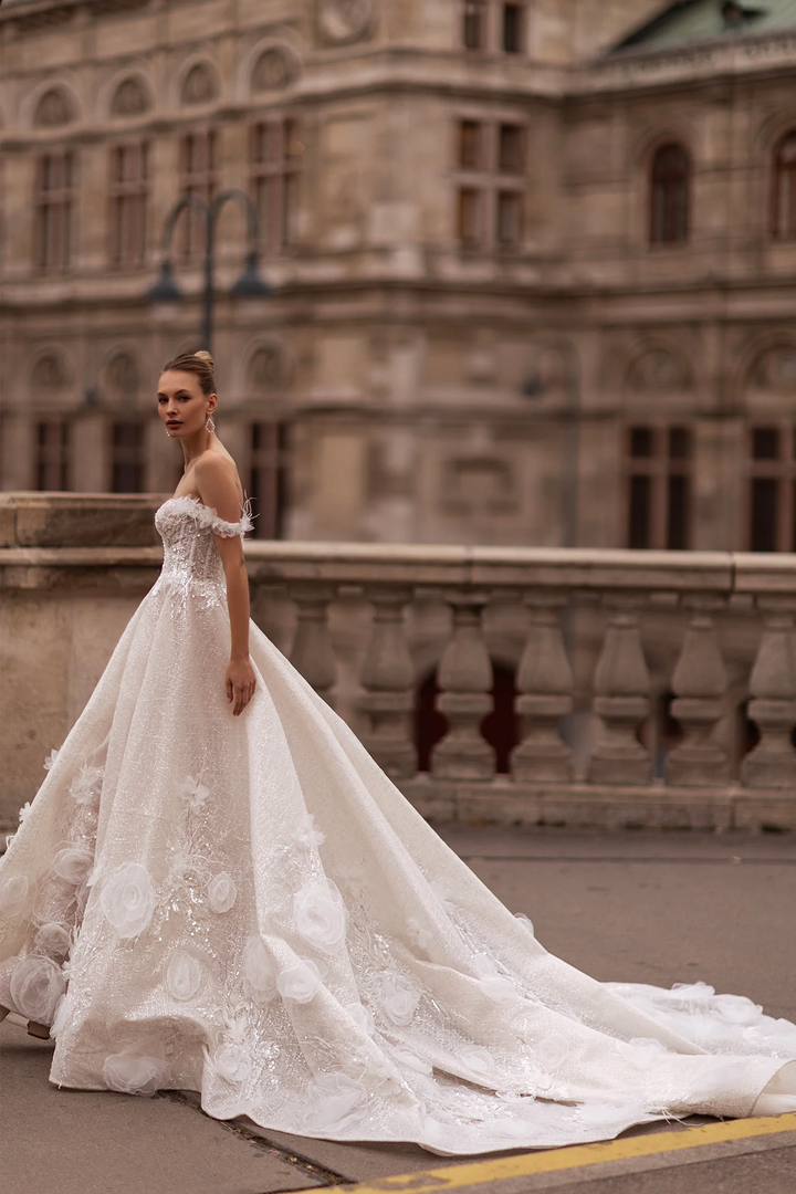 Off Shoulder Wedding Dress with Lace Sleeves – Elegant Wedding Dress with Embellishments and Chiffon Floral Hem Plus Size