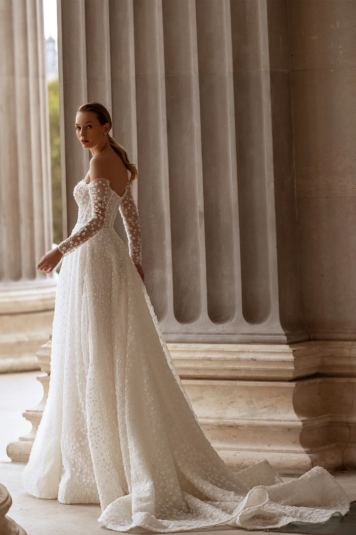 Strapless A-Line Wedding Dress with Lace Long Sleeves – Floral Embellished Wedding Gown with Romantic Details Plus Size
