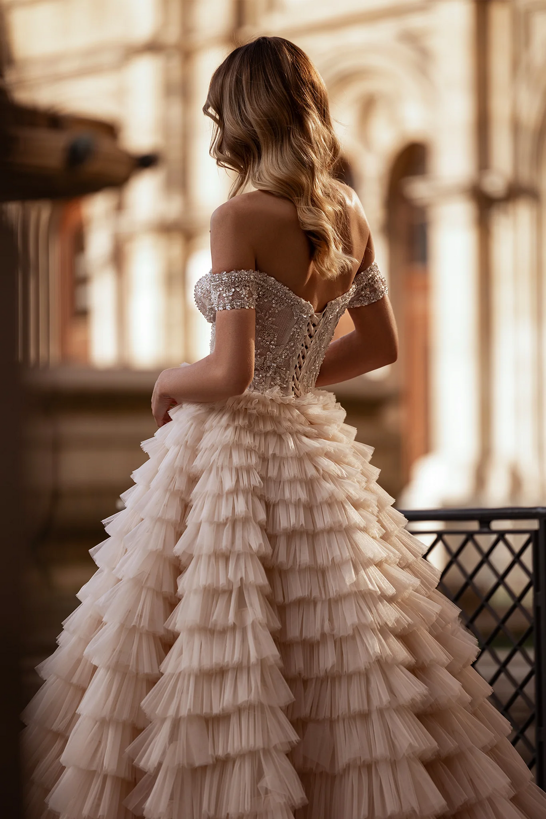 Off Shoulder Wedding Dress with Ruffled Tiered Skirt – Layered Tulle Ruffle Dress with Pearl Trim and Crisscross Back Plus Size