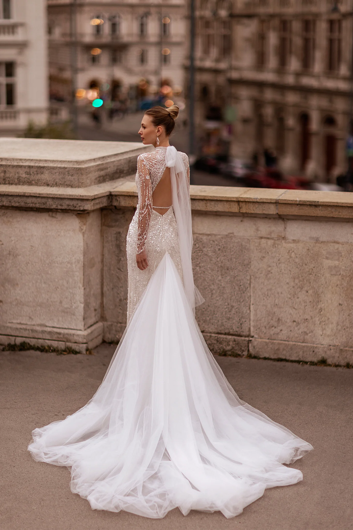 High Neck Wedding Dress for Wedding - Long Sleeves Wedding Dress – Sequin Wedding Gown with Open Back and Bow Train Plus Size