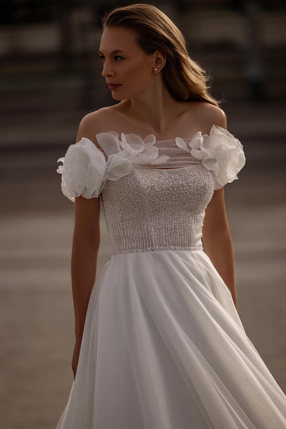 Off Shoulder Wedding Dress with Floral Sleeves – A-Line Tulle Wedding Gown    with Pearl Trim and Peony Appliqué Plus Size