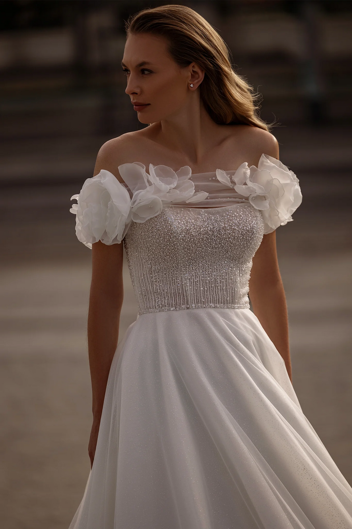 Off Shoulder Wedding Dress with Floral Sleeves – A-Line Tulle Wedding Gown    with Pearl Trim and Peony Appliqué Plus Size