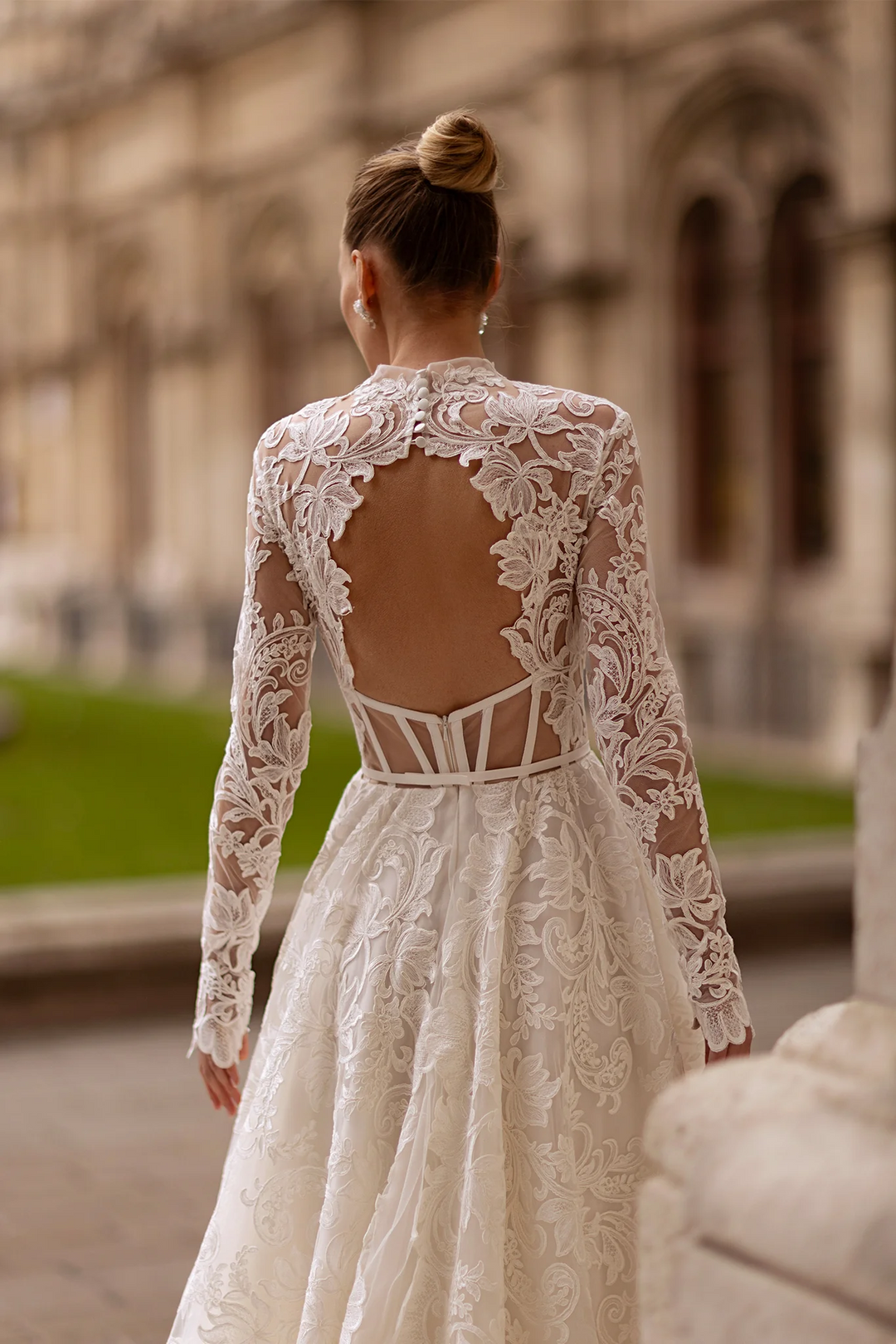 High Neck Wedding Dress with Long Sleeves – Wedding Gown Open Back Lace    with Waist Bow Plus Size