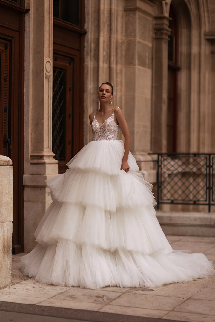 Spaghetti Strap Wedding Dress with Tiered Skirt – Layered Tulle Ruffle Dress with Pearl Leaf Bodice and Sheer Layers Plus Size