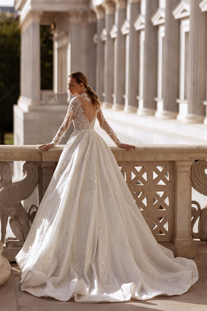 A-Line Wedding Dress with High Neck – Long Sleeves Wedding Dress with Floral Lace and Rhinestone Details Plus Size